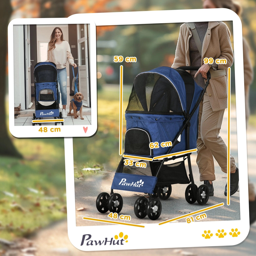 Passeggino per Cani Taglia XS e S 81x48x99 cm con Cesto Cuscino e 2 Guinzagli Nero e Blu Scuro