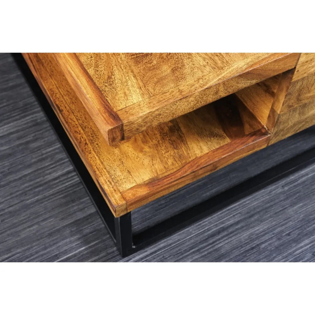 Tavolino basso GRADI 60 cm in legno massiccio di Sheesham e metallo – Tavolino basso quadrato industriale con nicchia