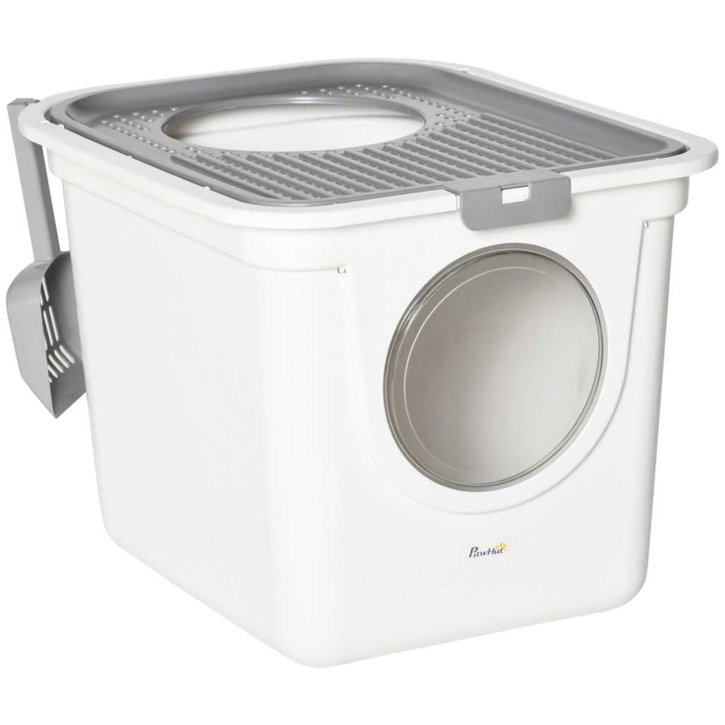 Lettiera per gatti con coperchio e paletta, adatta a gatti fino a 5 kg, per uso interno, in plastica, grigio e bianco, 44x55x39 cm