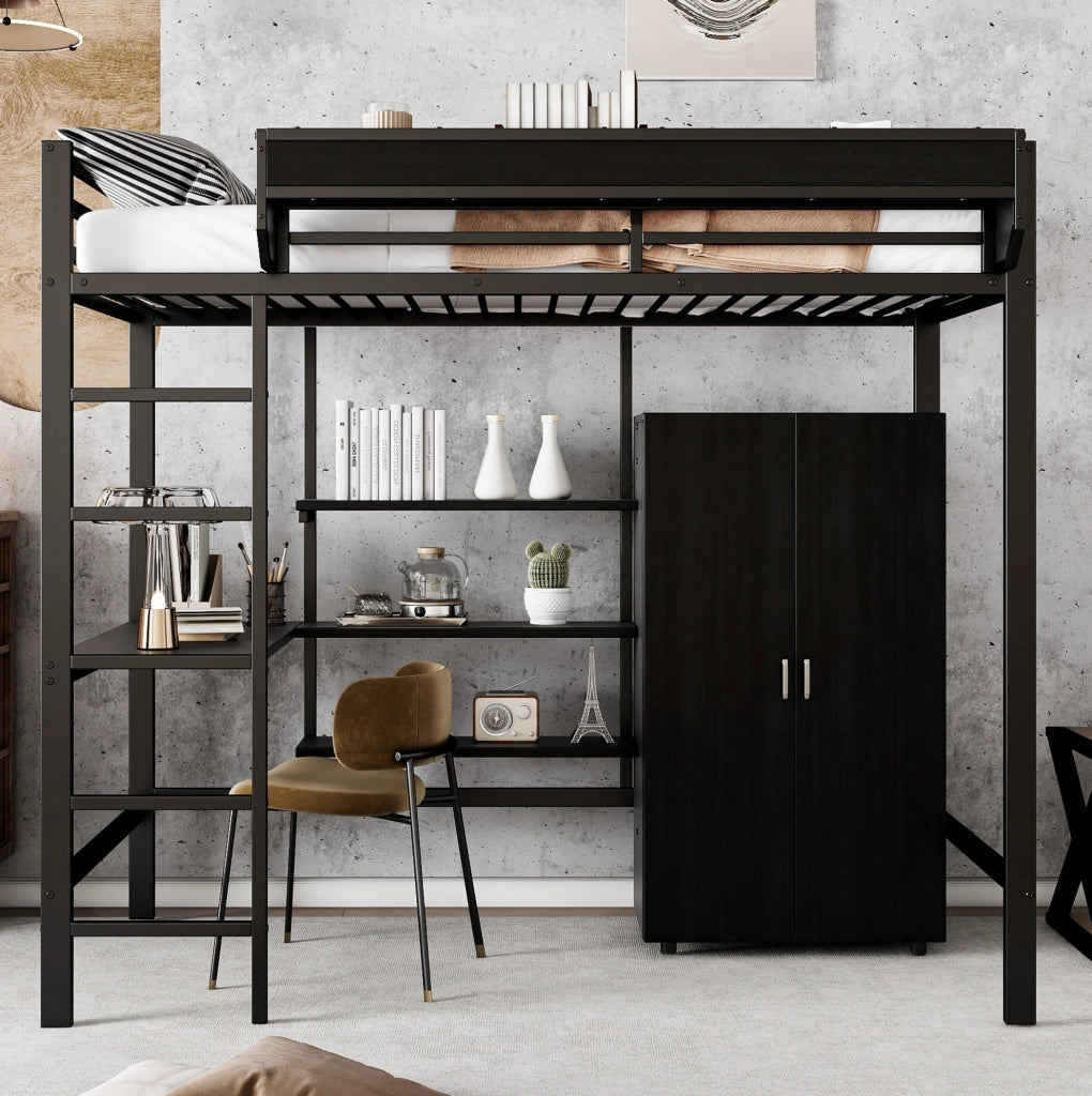 Letto a castello in ferro nero con scrivania e armadio, 90x200 cm, per bambini e ragazzi