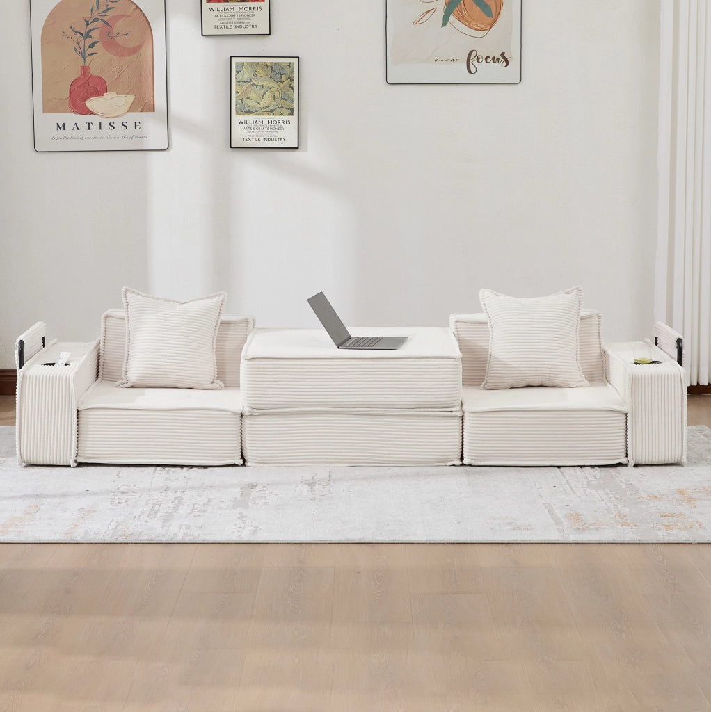 Divano pouf modulare beige in velluto a coste con 2 cuscini