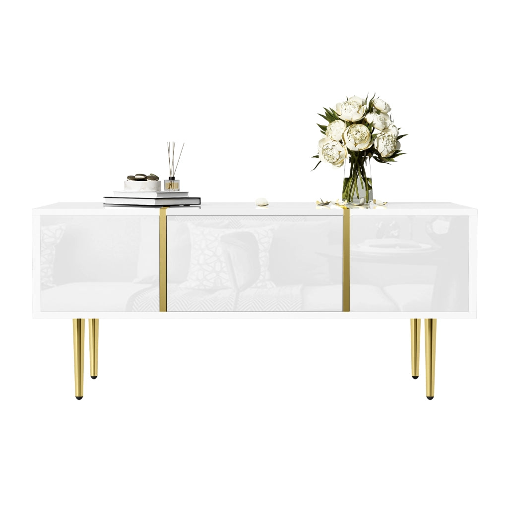 OKWISH Tavolino da Salotto Rettangolare con 2 Cassetti, Finitura Lucida, per Soggiorno, MDF, Bianco, 100 x 60 x 41.5 cm