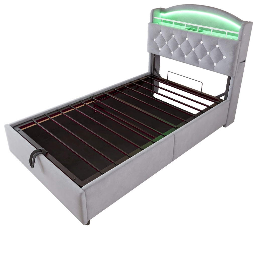 Letto imbottito per bambini 90x200 cm con contenitore; LED; USB e portaoggetti; grigio
