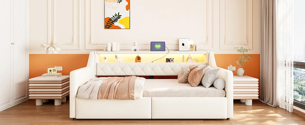 Letto divano 90 × 200 cm con contenitore idraulico, LED, USB e Type C, senza materasso, beige moderno
