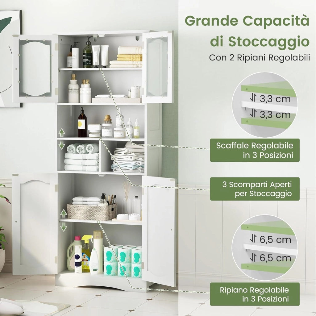 Armadietto Salvaspazio 60 x 30 x 148,5cm, Mobile Bagno con Scomparti Aperti, Scaffafli Regolabili e 2 Porte in Vetro Temprato, Armadio da Bagno per Ufficio, Soggiorno e Camera da Letto, Bianco