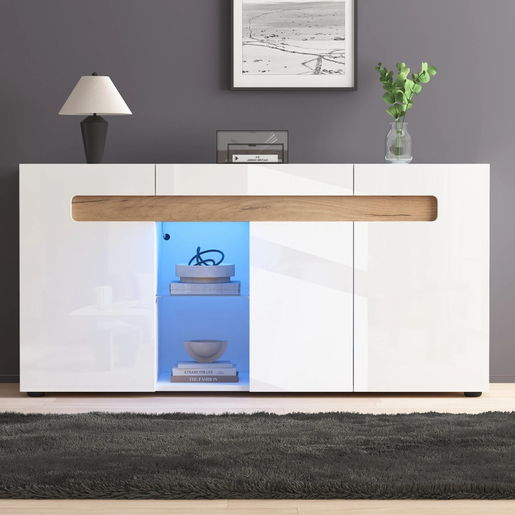 Credenza con 3 Ante; 1 Vano semiaperto e LED per Soggiorno in Pannello truciolare 140 × 40 × 70 cm Bianco