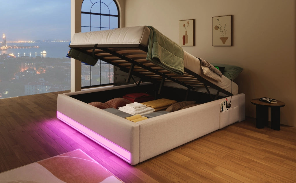 DESMIU Letto contenitore 140 × 200 cm 2 posti con USB, Type-C, LED e tasche, senza materasso, in lino beige