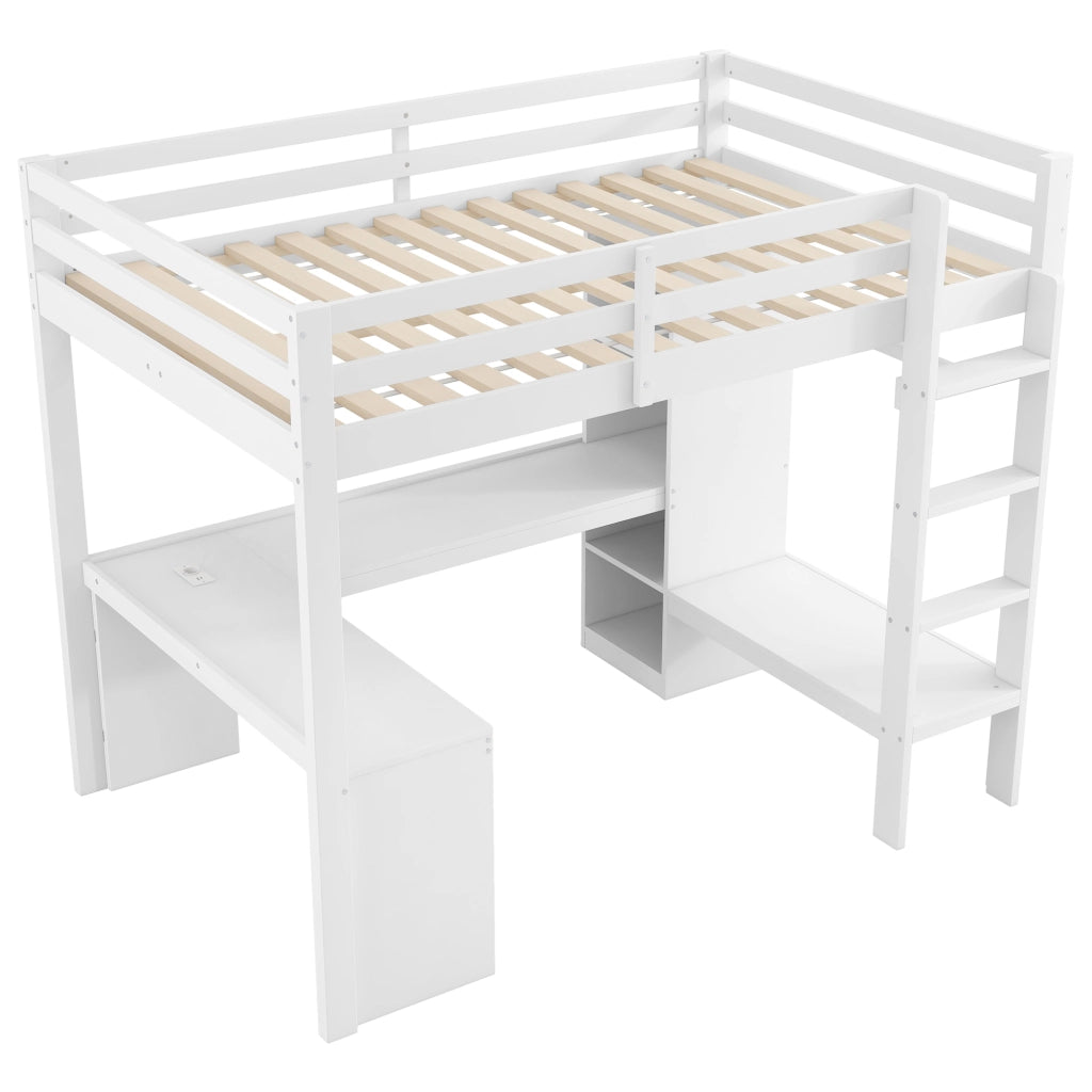 Letto a soppalco 140 × 200 cm con scrivania integrata, ripiani LED e USB, senza materasso, bianco