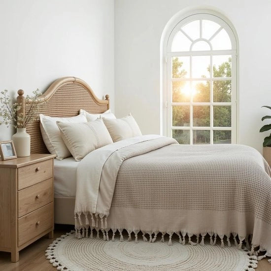 Bedsprei 220x240 cm in wafellook Santorini | extra grande | 100% cotone | Oeko-Tex | Sprei per divano, poltrona & letto | Coperta per divano coperta di lana (Sepia)