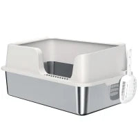 Lettiera per Gatti con Bordi Rialzati, Vassoio e Paletta, in Acciaio Inox e PP, 60x40x28 cm, Grigio Chiaro