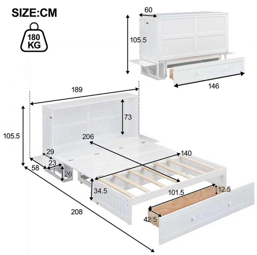 Letto a scomparsa 140x200 cm con cassetto e ripiani in pino e MDF bianco
