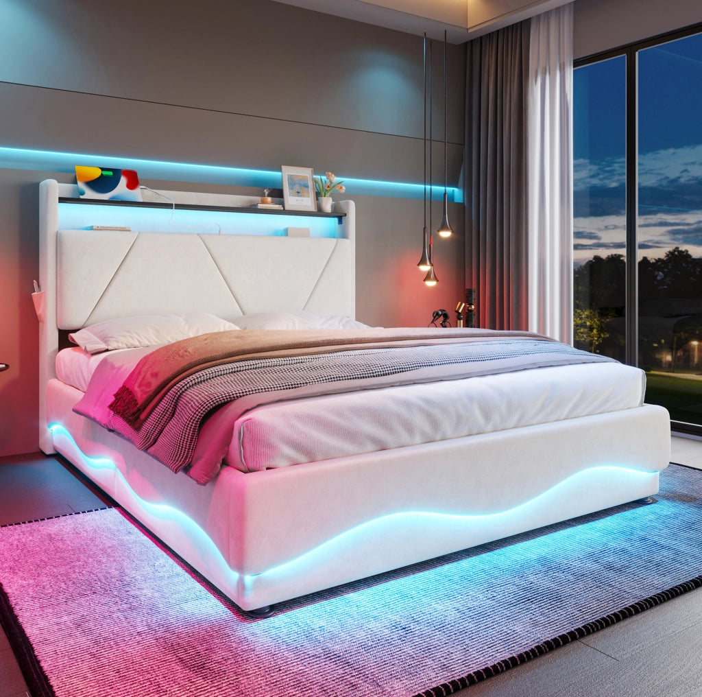 Letto matrimoniale 160x200 cm con contenitore; LED; USB-C e velluto beige