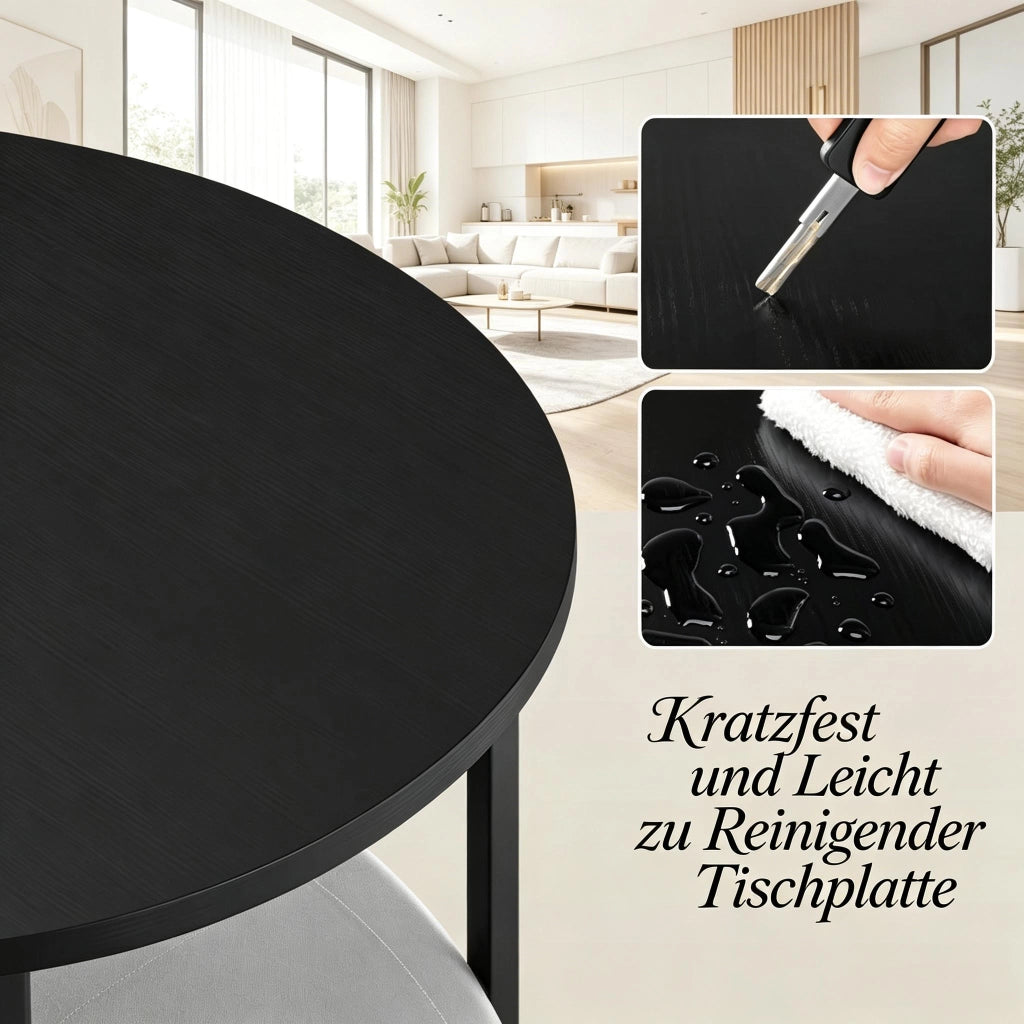 Tavolino basso rotondo moderno e pratico con cestello in canvas e struttura in metallo, per soggiorno, nero, Ø 80 × 50 cm