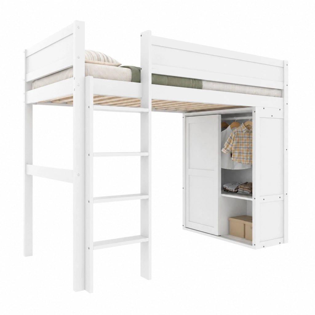 Letto a soppalco 90 × 200 cm con armadio vano contenitore scala e spazio aperto in legno e MDF bianco