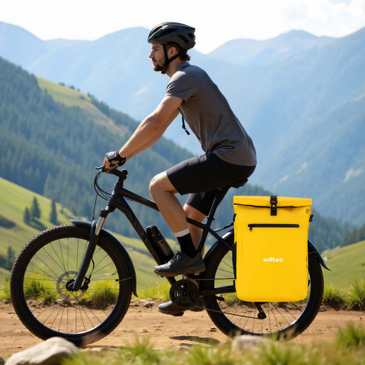 Borsa per bici 4in1 25 l gialla, impermeabile, montaggio al portapacchi posteriore, scomparto laptop, elementi riflettenti