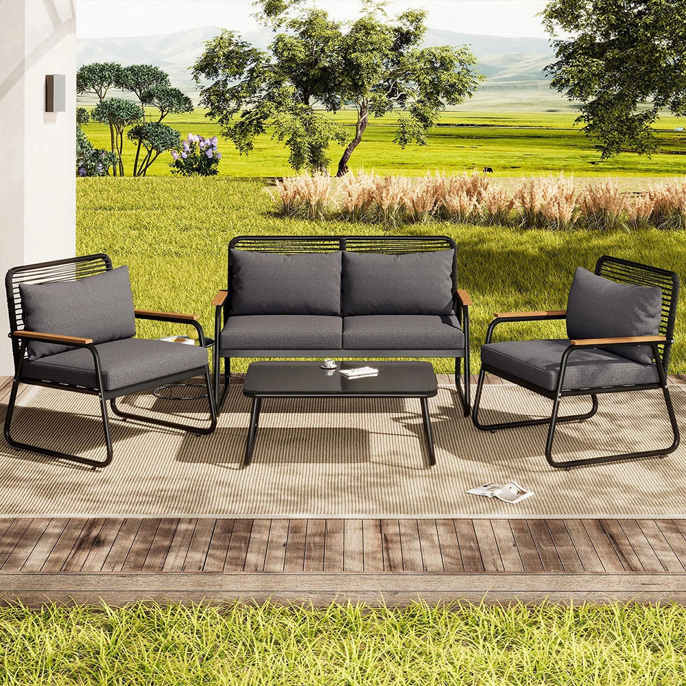 Set giardino - Xylo - 4 posti ferro zincato+tavolo vetro nero
