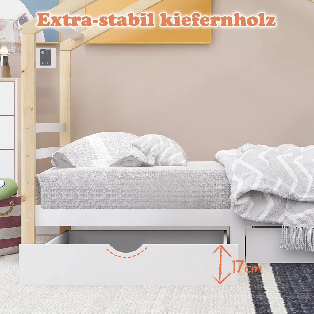 Letto Casetta 90x200 cm - con 2 Cassetti - in Legno Massello e MDF - Bianco