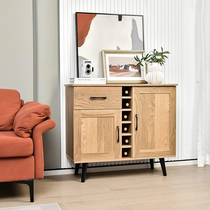 Credenza Buffet Mid Century, Cantinetta Porta bottiglie da 6 Vini, con Cassetto Estraibile e Ripiani Regolabili, Mobile Bar da Cucina e Soggiorno, 90 x 40 x 79 cm, Naturale