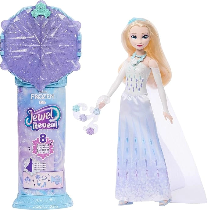Frozen - Elsa Jewel Reveal, bambola ispirata al film con 9 accessori di gioco inclusi, 8 sorprese tra cui portagioie a f