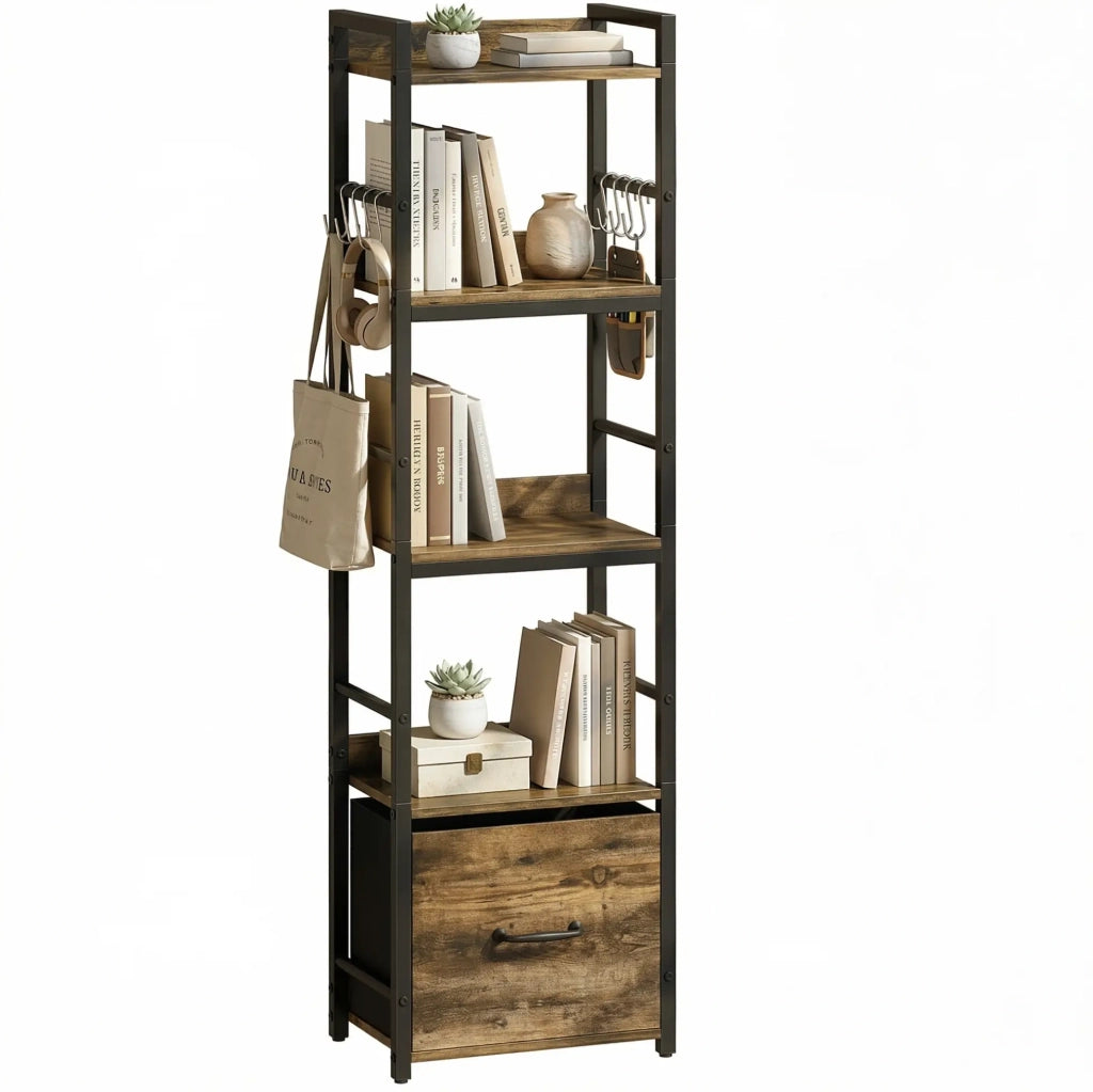 Libreria stretta 4 ripiani con cassetto e 8 ganci, legno rustico