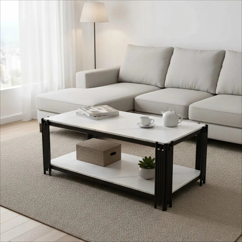 Tavolino da Salotto Rettangolare ¨C MINIMAL ¨C Piano Effetto Marmo, Gambe in Metallo, Bianco/Nero, 140x64x46 cm