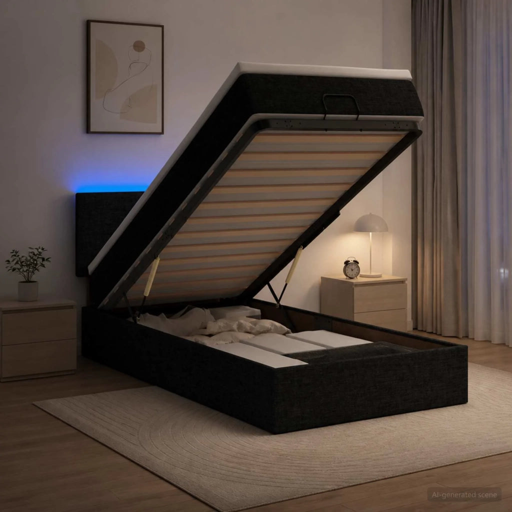 Letto Ottomano con Materasso e LED Nero 100 x 200 cm Tessuto 3456886