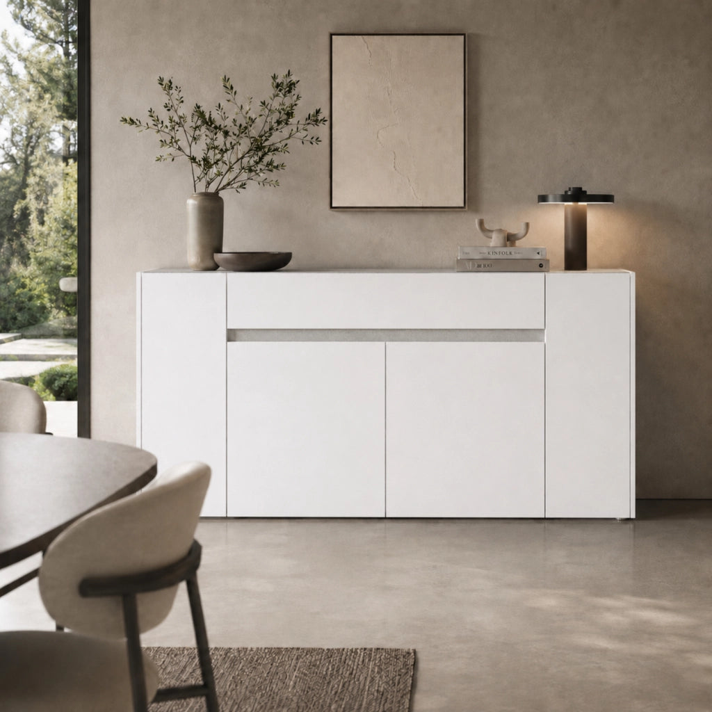 Mobile Contenitore Credenza Moderna In Melaminico Con 4 Ante E 1 Cassetto Design Senza Maniglie Per Soggiorno Sala Da Pranzo 170 X 85 X 40 Cm Bianco E Grigio Cemento
