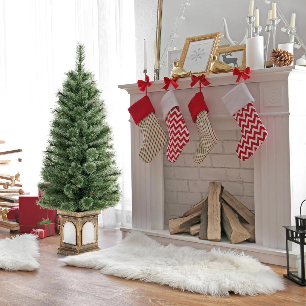 Albero di Natale Piccolo da Tavolo 120 cm, Albero di Natale Artificiale in Vaso con Luci e Rami Densi, Decorazione Natalizia per Casa, Ufficio e Negozio (Verde e Bronzo)