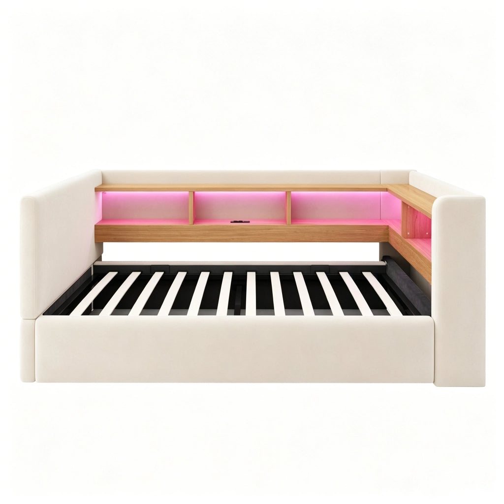Letto imbottito, divano letto idraulico 90x190 cm, luci a LED, presa di corrente, vano portaoggetti, beige