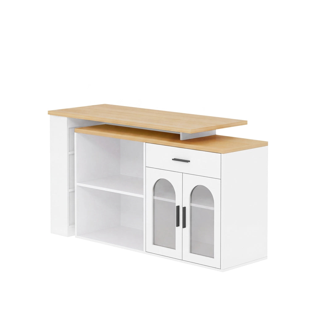 Isola da Cucina 136x50x78 cm Bianca e Rovere con Tavolo Girevole 360°, Cassetto e Ripiani