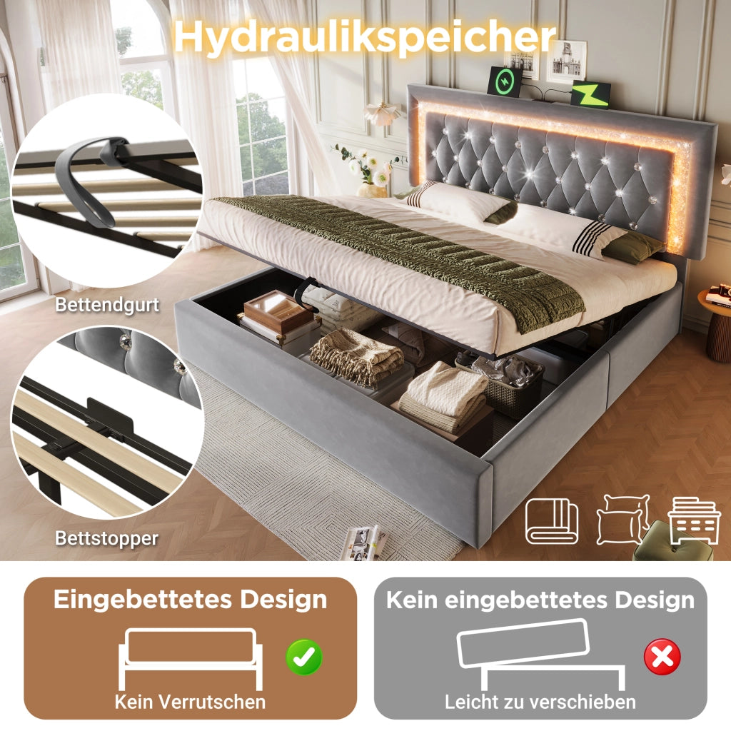LETTO Contenitore 160x200 cm in velluto grigio con LED e porte USB/USB-C