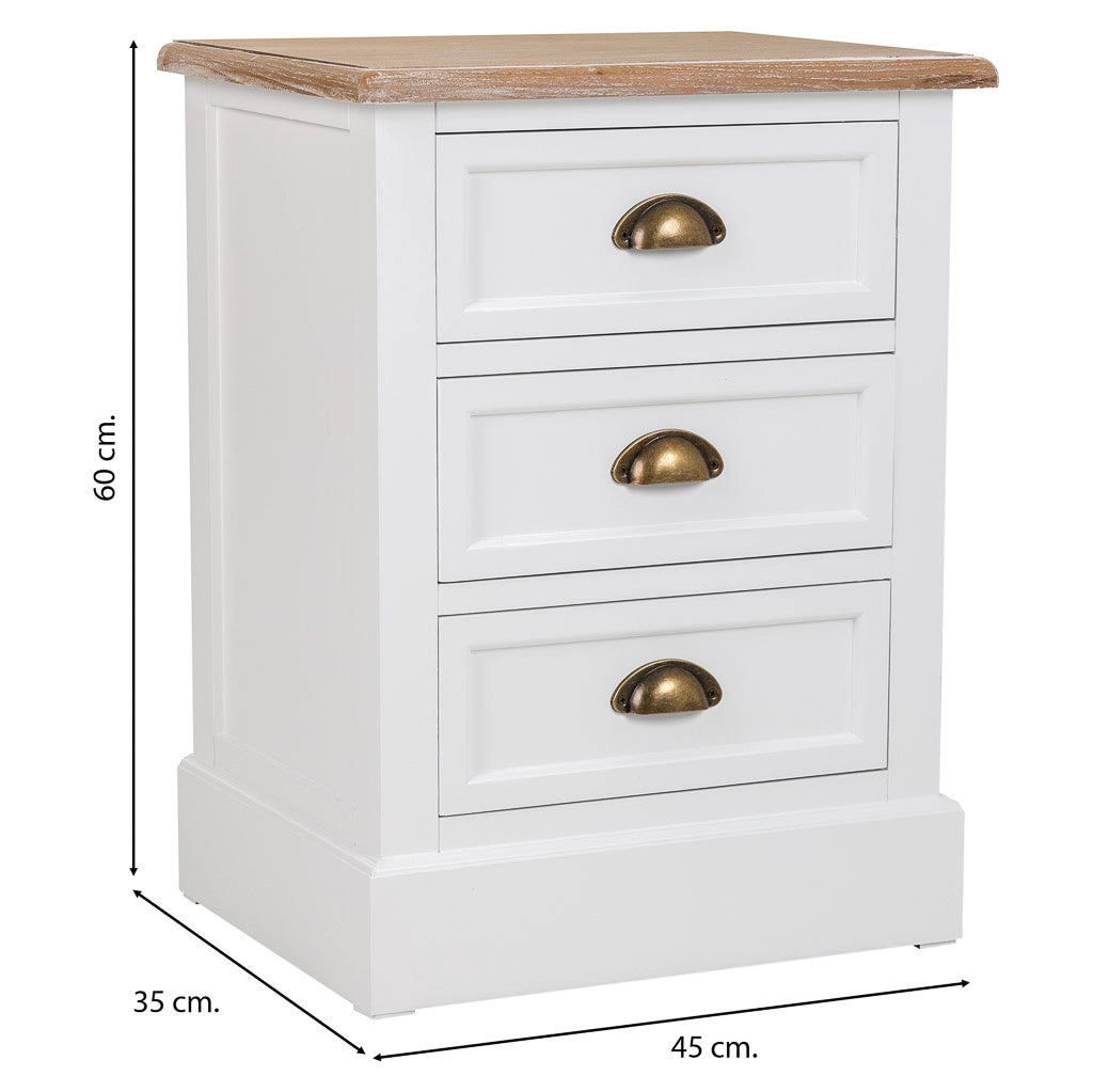 Comodino in legno bianco 3 cassetti 45x35x60h cm
