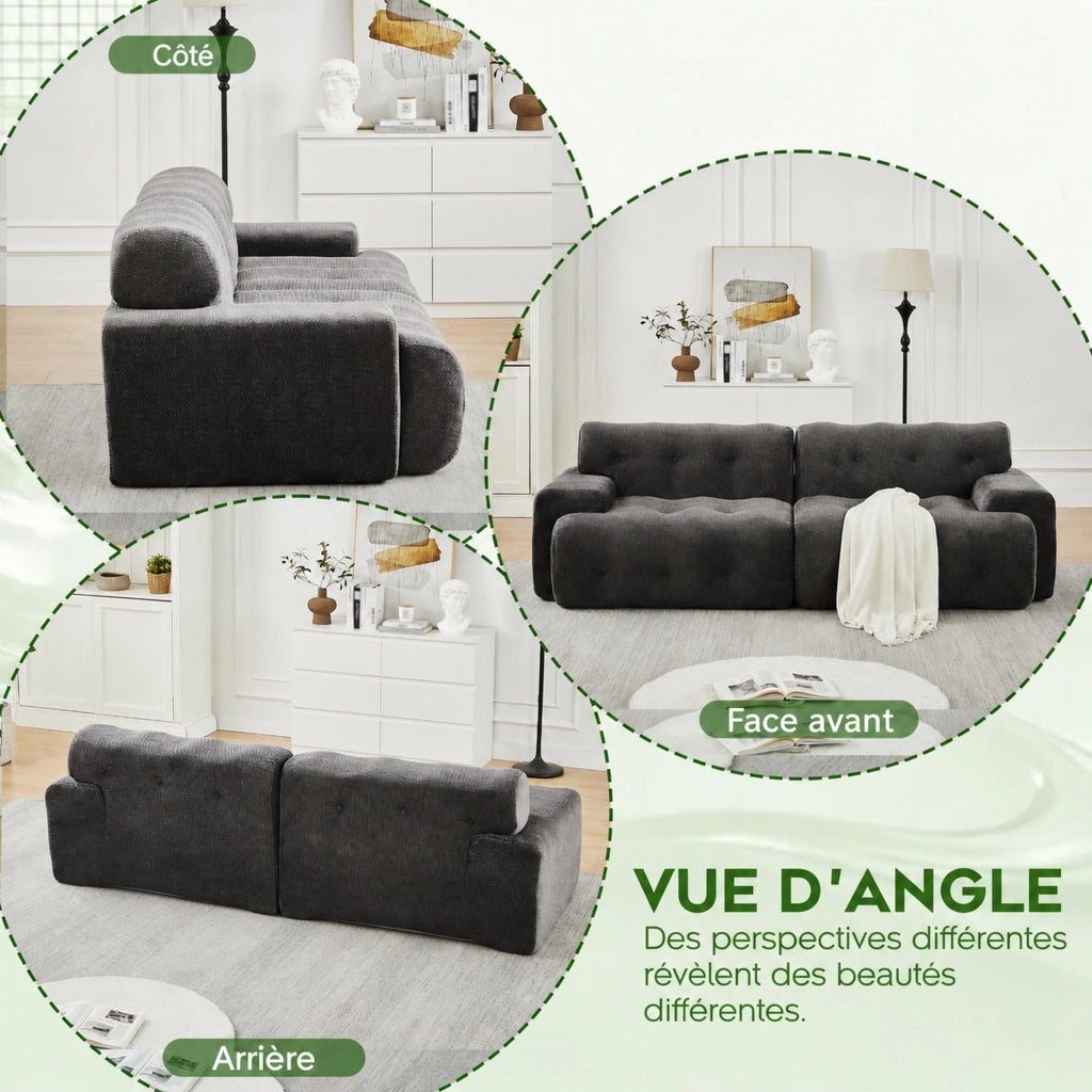 Divano dritto in ciniglia con braccioli ampi, imbottitura con bottoni e seduta profonda grigio 224 × 104 × 66 cm
