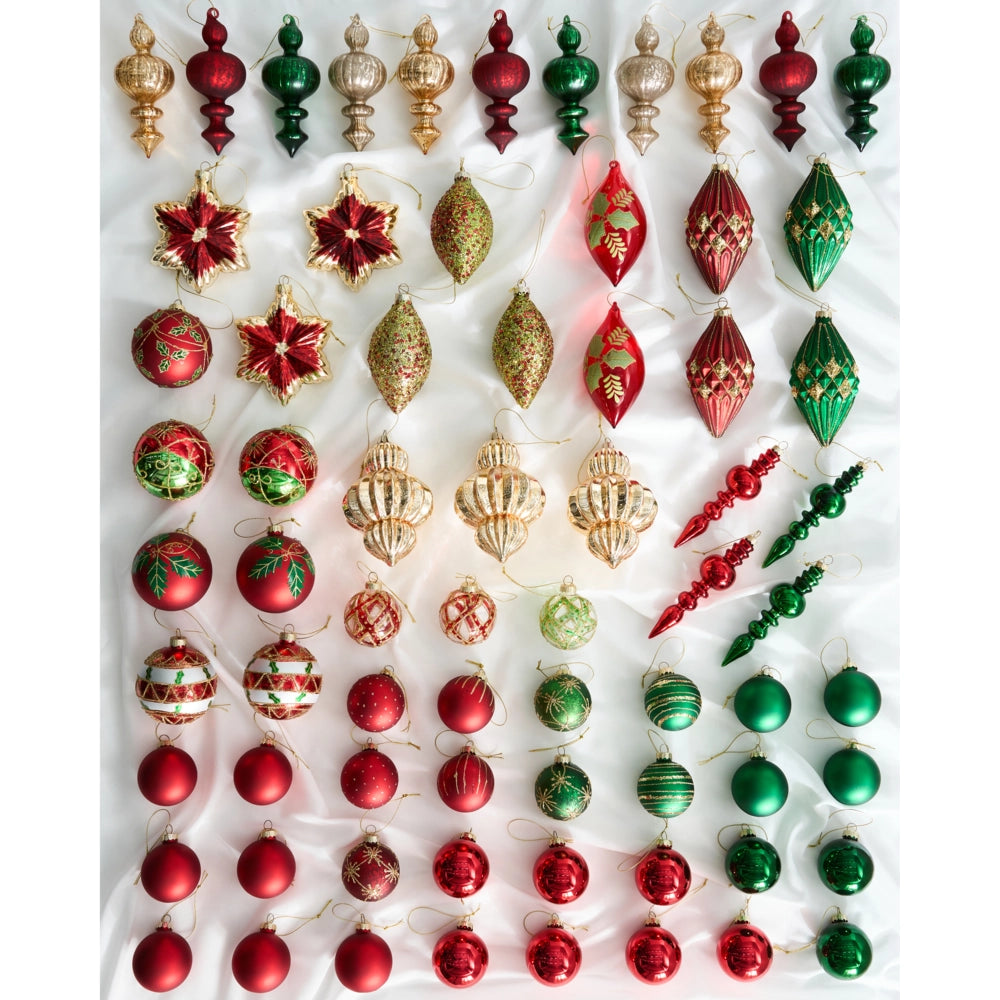 Set di 70 palline di Natale in vetro rosso e verde da appendere all'albero di Natale in stile tradizionale glamour rosso e verde