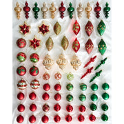Set di 70 palline di Natale in vetro rosso e verde da appendere all'albero di Natale in stile tradizionale glamour rosso e verde