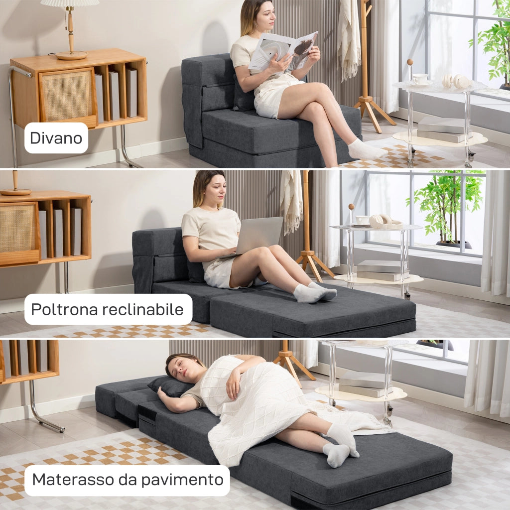 Poltrona Letto Pieghevole Convertibile in Chaise Longue 80x80x64 cm con Materasso in Velluto Grigio Scuro