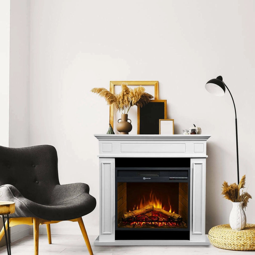 Camino elettrico Airola, Stufa elettrica, Focolare elettrico a parete, Caminetto moderno, Made in Italy, 90x28 h91 cm, Bianco