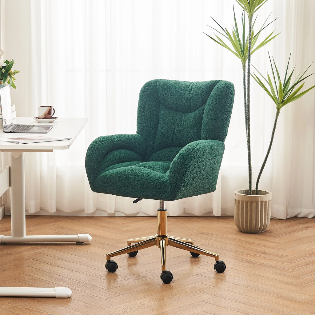 Sedia da ufficio girevole con altezza regolabile e ruote a 360 gradi, design ergonomico in tessuto teddy verde