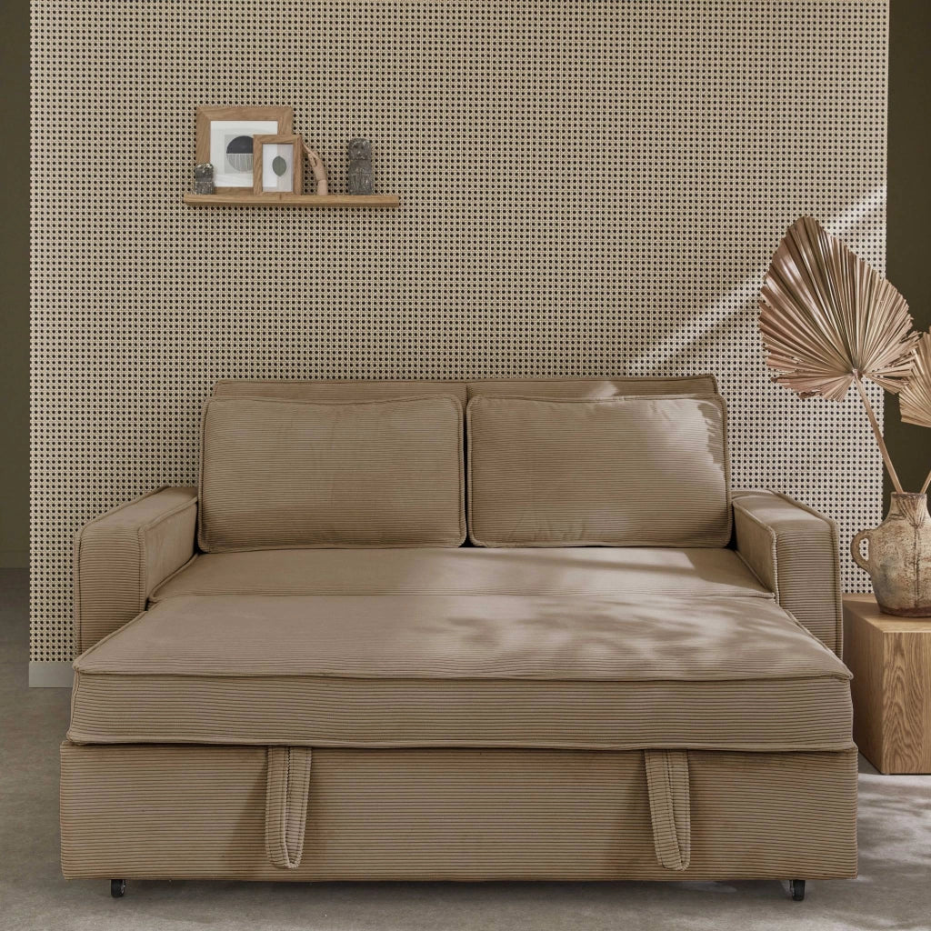 Divano letto in velluto a coste, 3 posti, beige