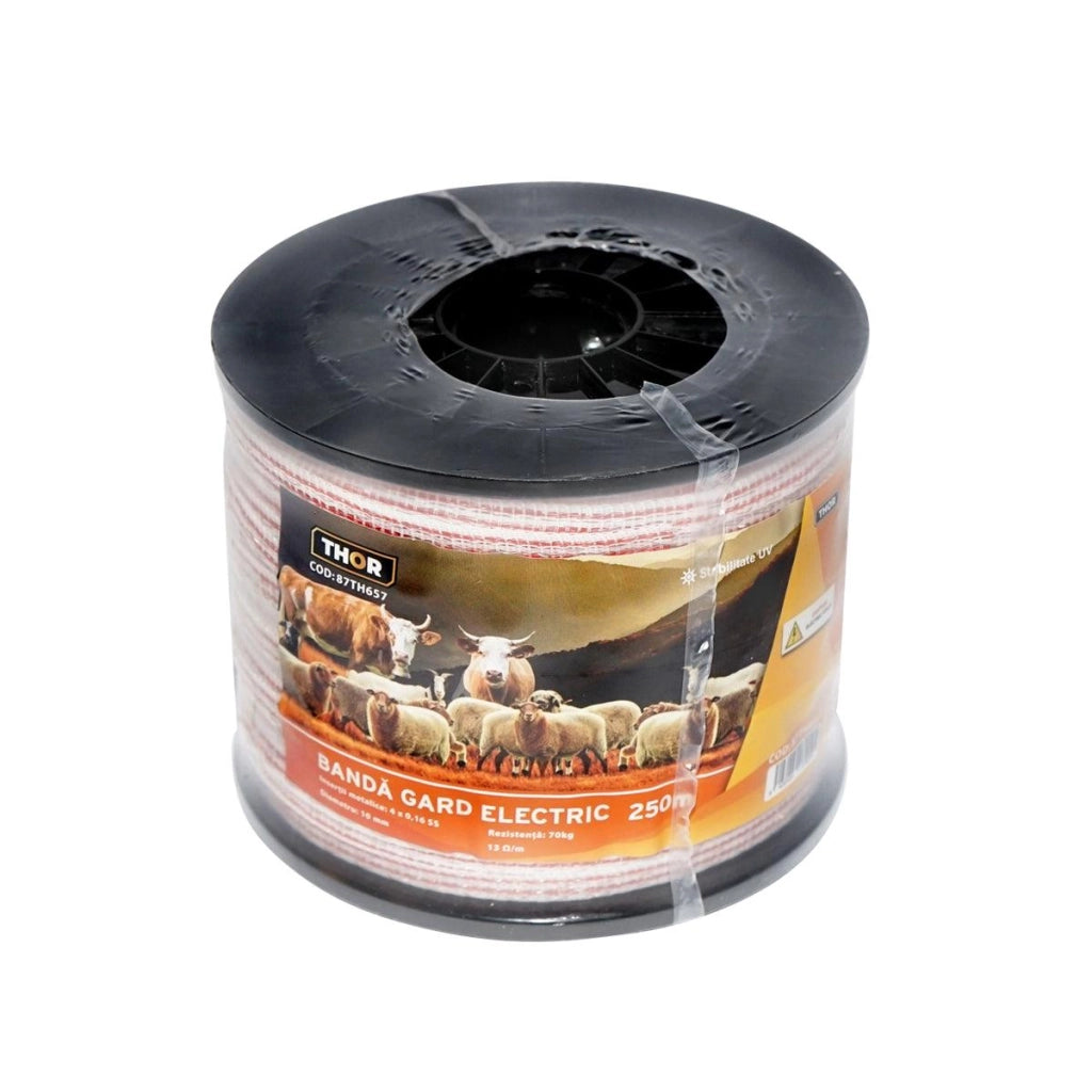 Nastro per recinto elettrico, Lunghezza 250 mt e Larghezza 10mm, 4x0.16mm SS, 13 Ohm/m, colore bianco-rosso recinzioni elettriche Thor