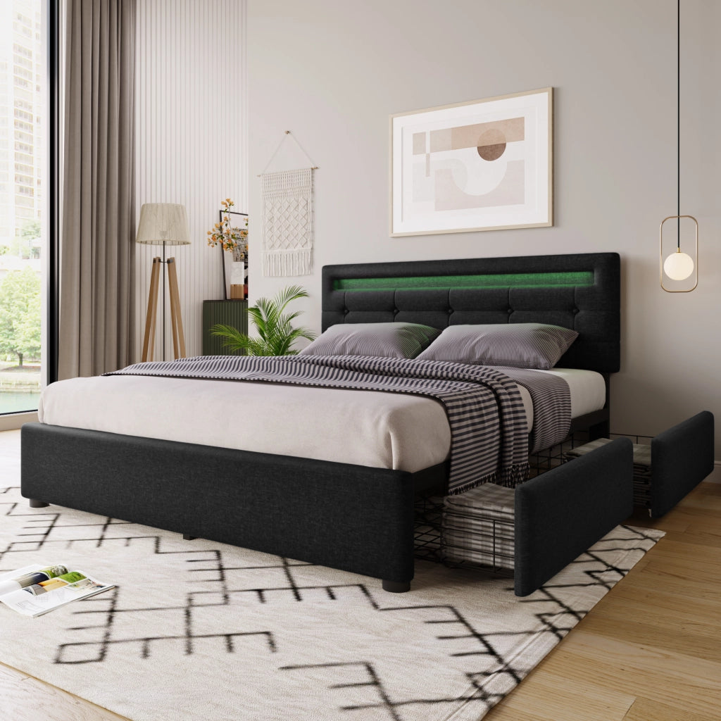LETTO Contenitore 140x200 cm con LED, 4 cassetti e materasso incluso