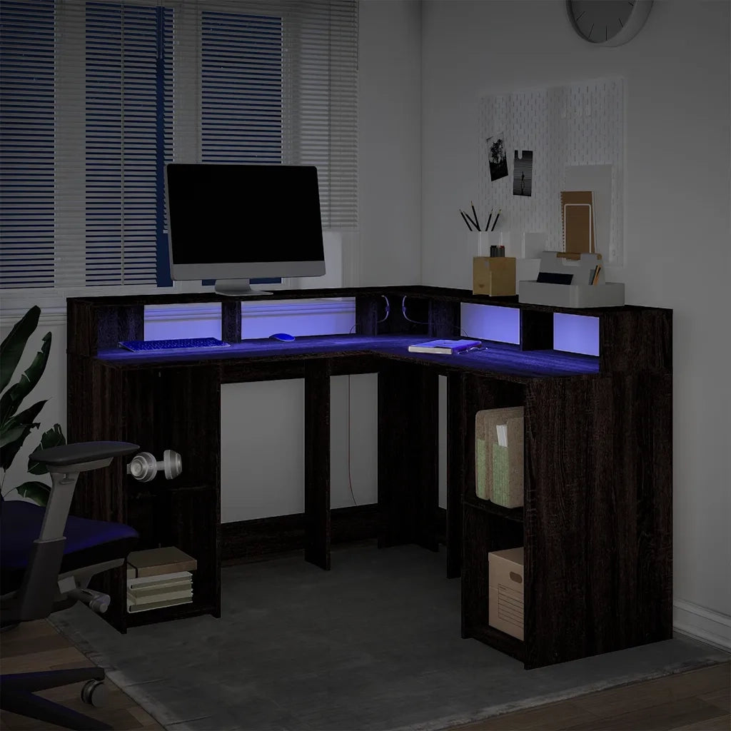 Scrivania con Luci LED Marrone Rovere 130x130x91 cm Truciolato 3309453