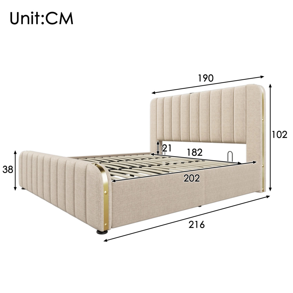Letto matrimoniale imbottito 180x200 cm in lino beige con contenitore; USB e porta Type-C