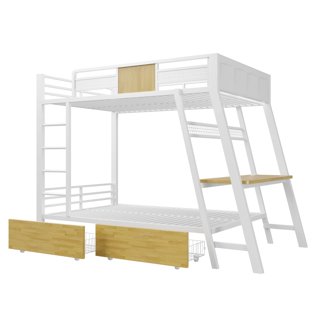 Letto a castello 90x200 cm con scrivania; LED e contenitori in metallo bianco