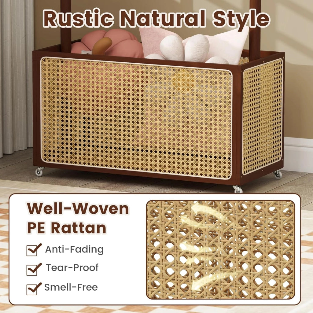 Appendiabiti da terra con 4 ruote, barra per tende da 1 m, cestino organizer in rattan, telaio in bambù, appendiabiti per ingresso, soggiorno, camera da letto