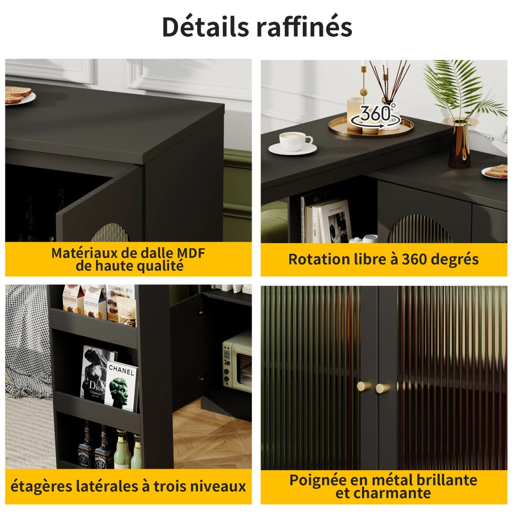 Bartisch mit 360° Drehfunktion aus MDF, 120 x 40 x 97 cm, moderner schwarzer Ess- und Barschrank mit Glasfront