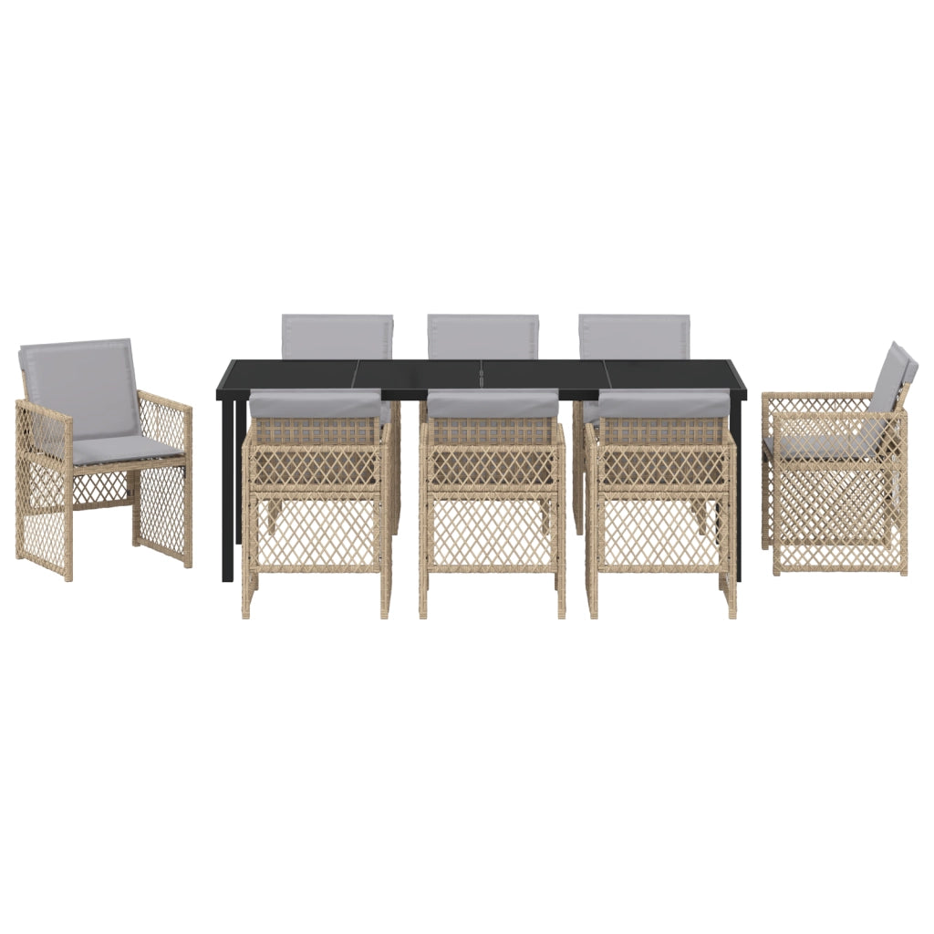 Set da Pranzo da Giardino 9 Pezzi con Cuscini Beige Vimini