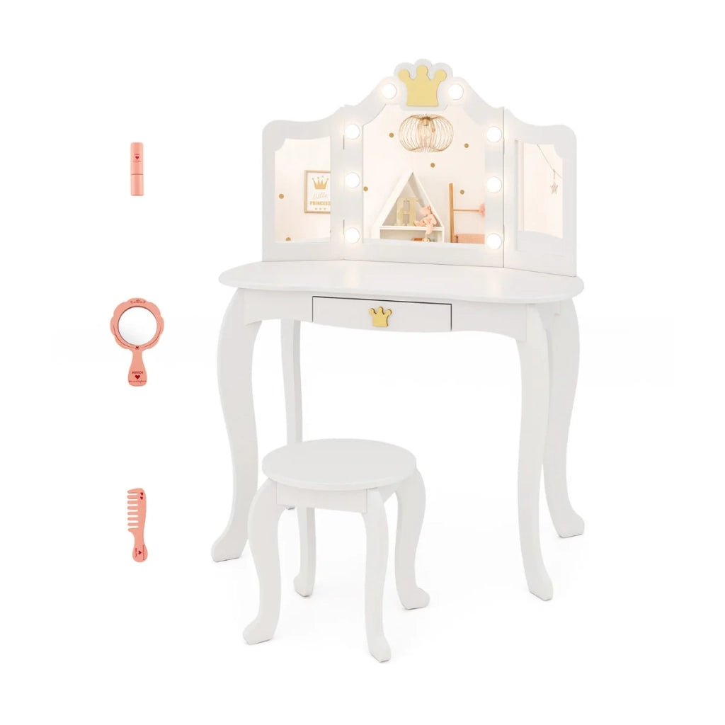 Set da toeletta per bambini 80 x 40 x 106 cm con specchio pieghevole a 3 modalità e pratico cassetto stile corona MDF bianco 20_0011531