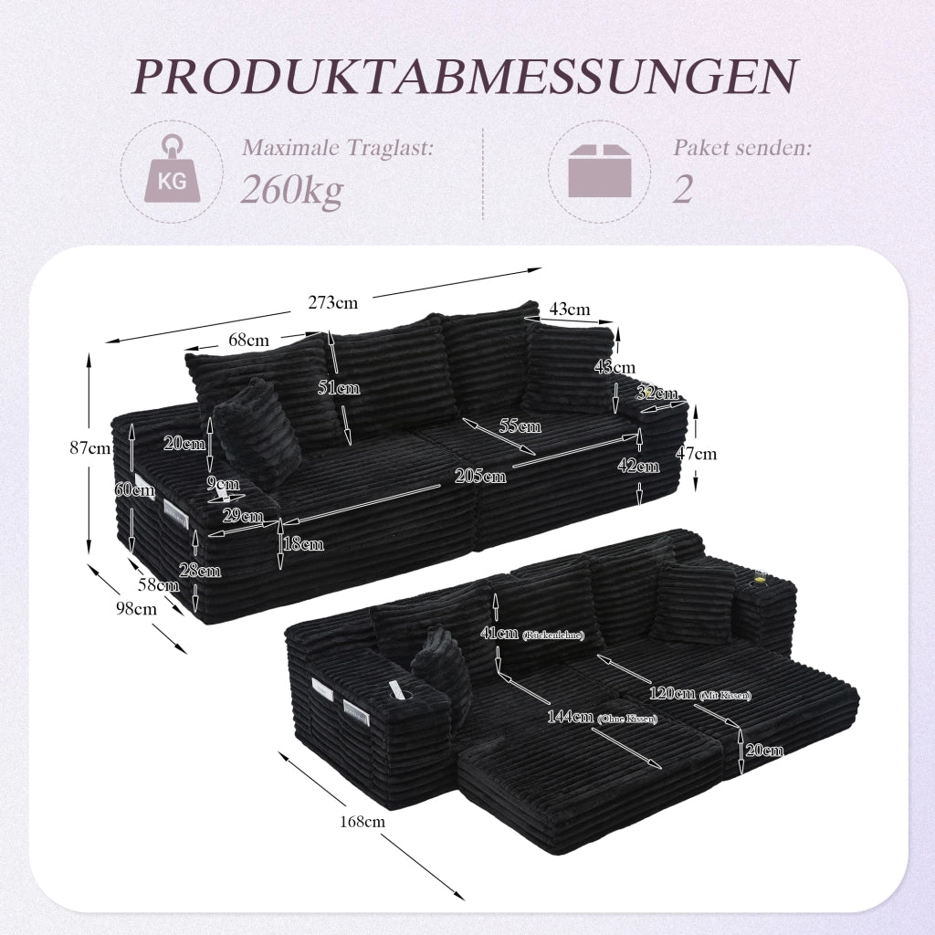 DIVANO LETTO 273x98x87 cm in velluto a coste nero, con tasche laterali e portabicchieri
