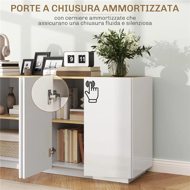 CREDENZA MODERNA CON ARMADIETTI A 2 ANTE CHIUSURA AMMORTIZZATA E RIPIANI REGOLABILI 140X40X75 CM BIANCO LUCIDO